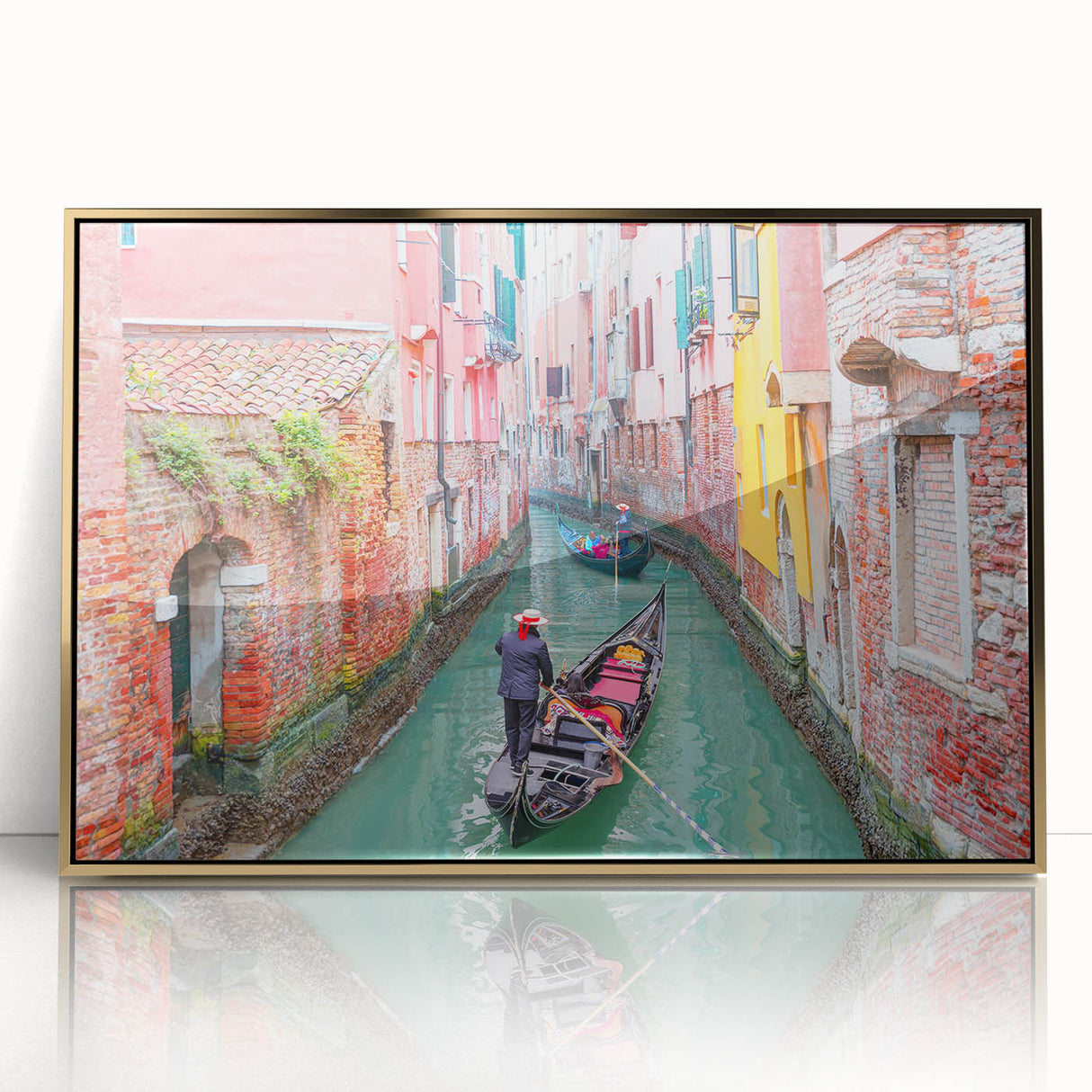Mid-century modernist art depicting a gondola on water in muted gold and blue, acrylic framed print.