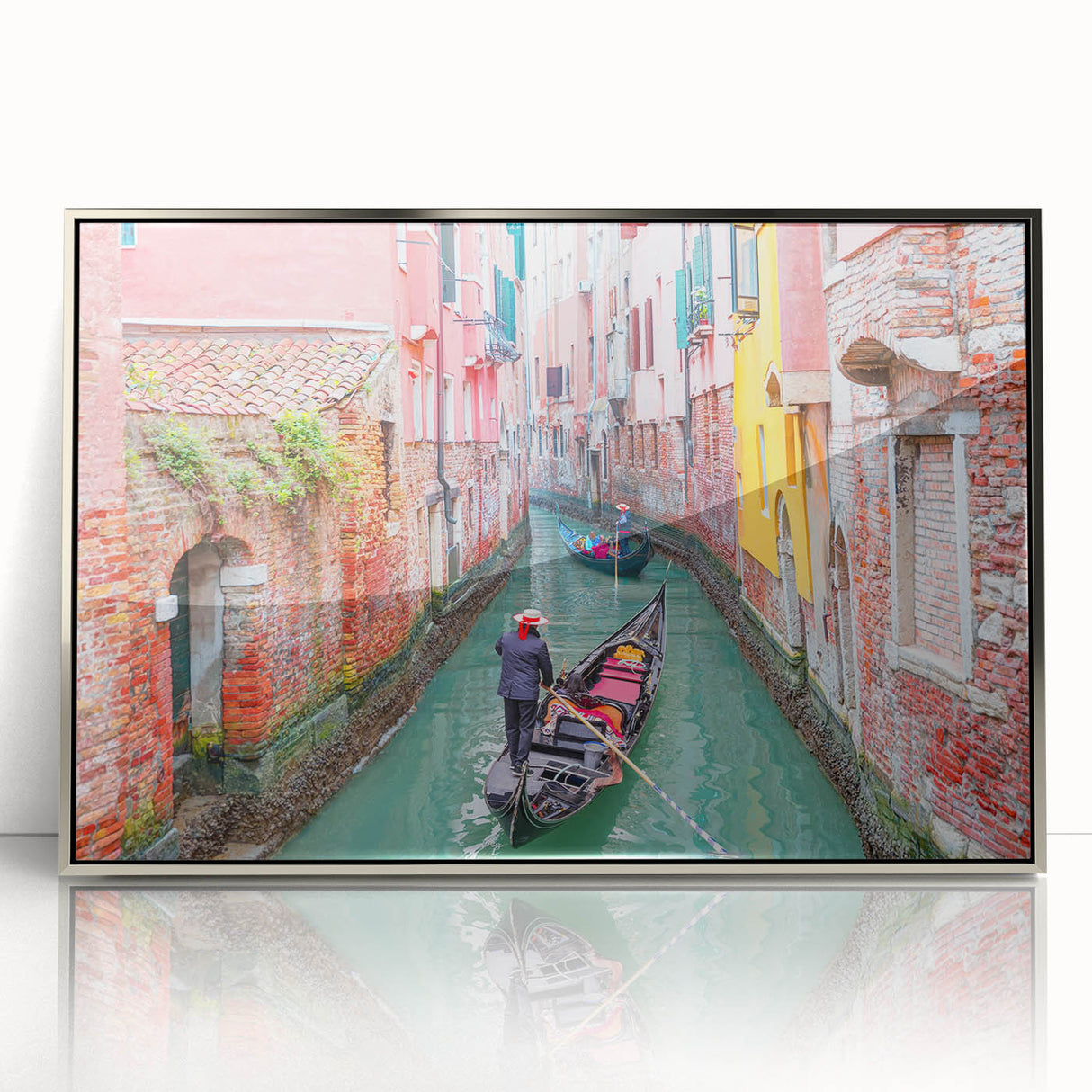 Art deco poster of a silver-framed acrylic print depicting a gondola in soft pastel colors, ideal for nursery wall art.