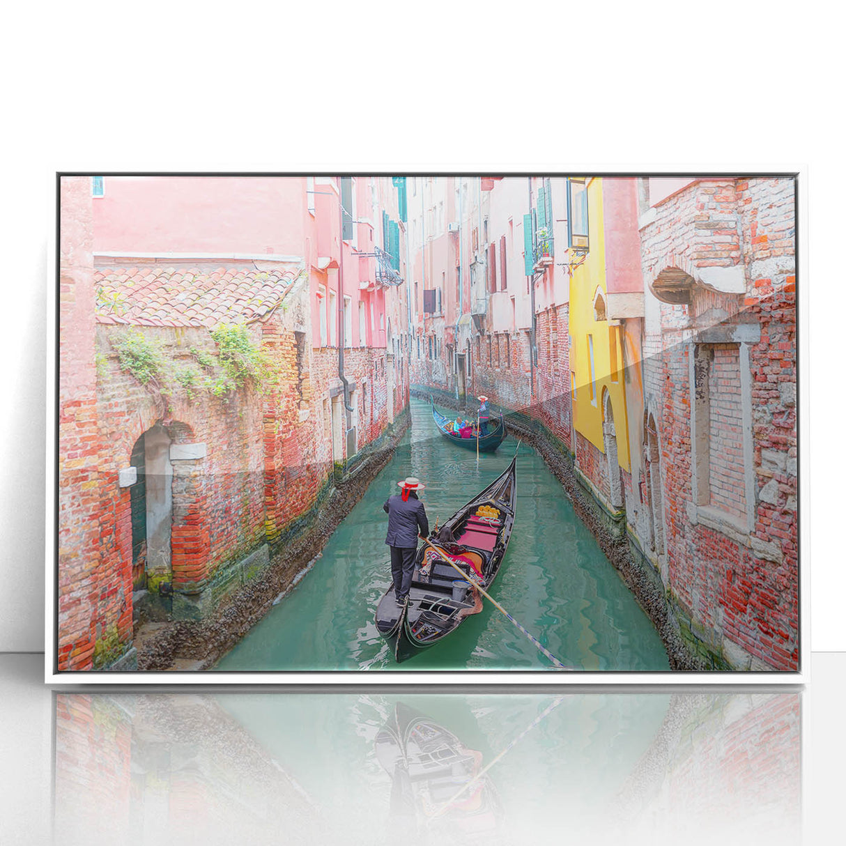 Mid-century modernist style gondola on calm waters, in muted gray and blue tones, framed acrylic.