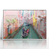 Mid-century modernist style gondola on calm waters, in muted gray and blue tones, framed acrylic.