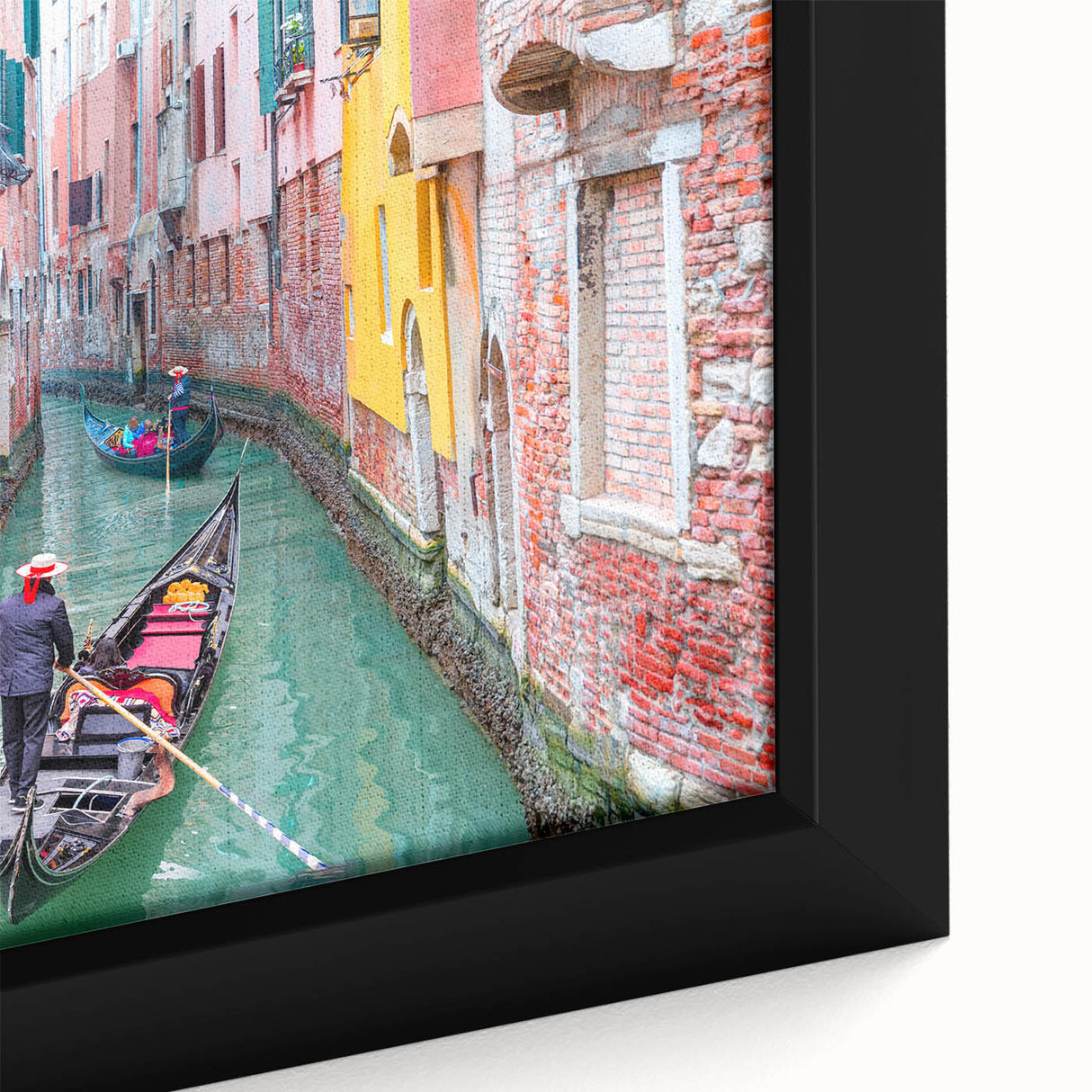 Extra large framed canvas featuring a black gondola on colorful, textured water, ideal for living room decor.