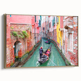 Framed canvas featuring a vintage-style gondola on a canal, with a palette of black and colorful accents.