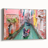 Vintage poster art of a gondola on water, framed canvas in silver, with a palette of black and vibrant colors.