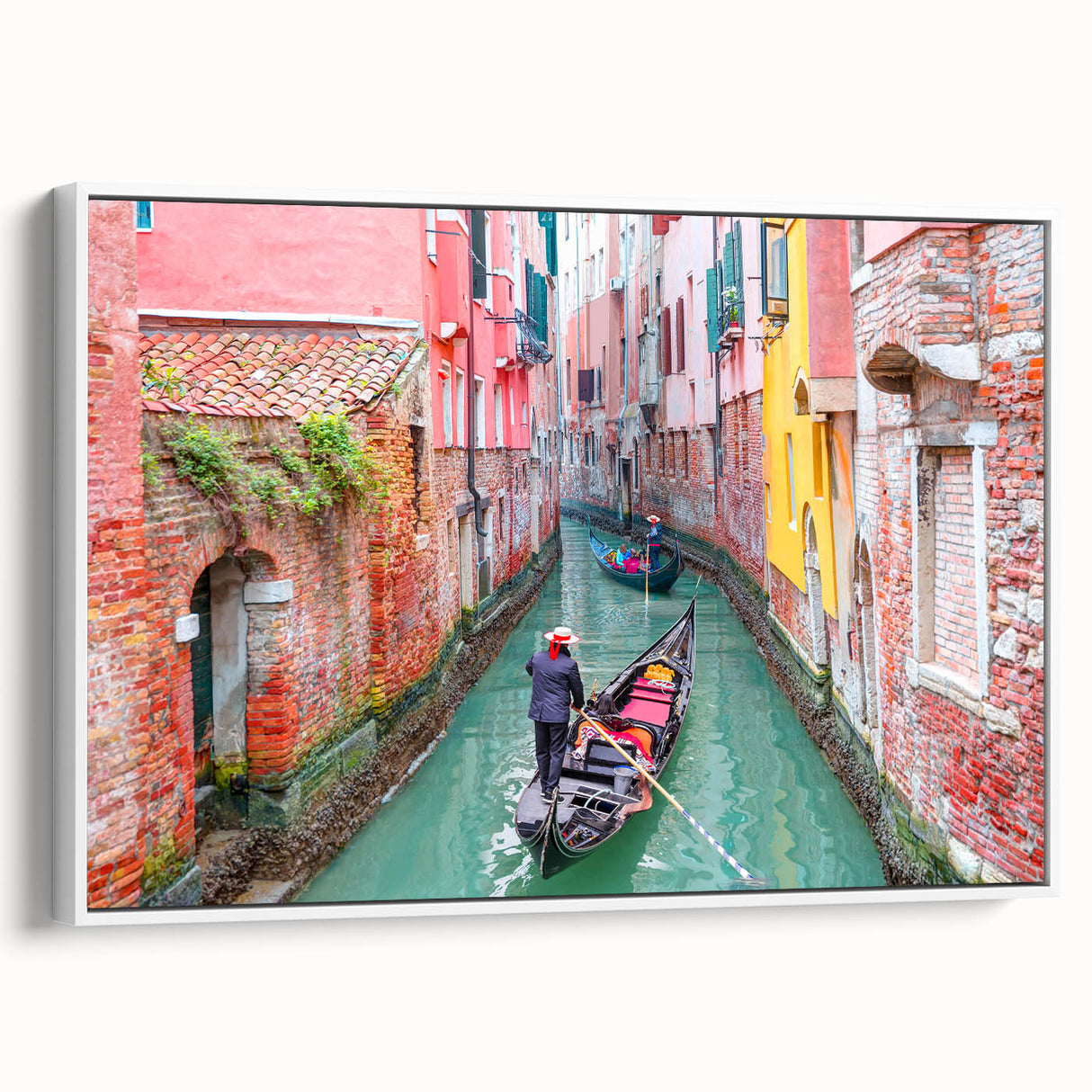 Framed canvas depicting a vintage gondola on a muted black and gray waterway, ideal for bedroom wall art.
