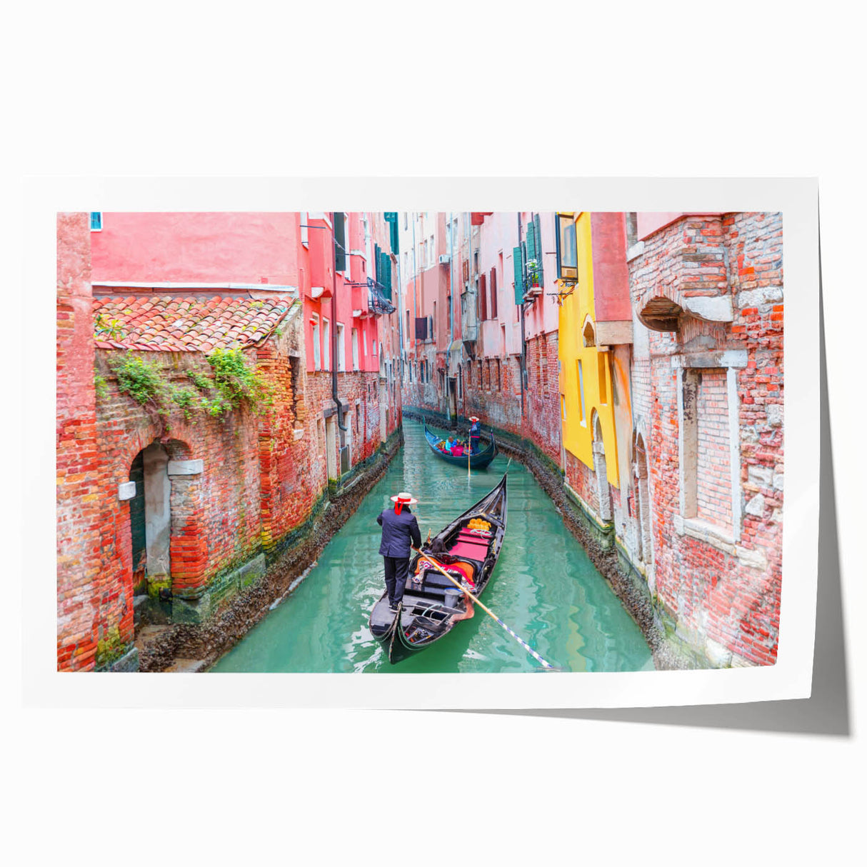 Venetian gondola on calm water, muted blue and gray tones, rolled print, ideal for dining room wall art.