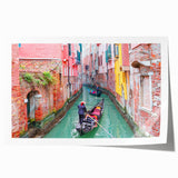 Venetian gondola on calm water, muted blue and gray tones, rolled print, ideal for dining room wall art.