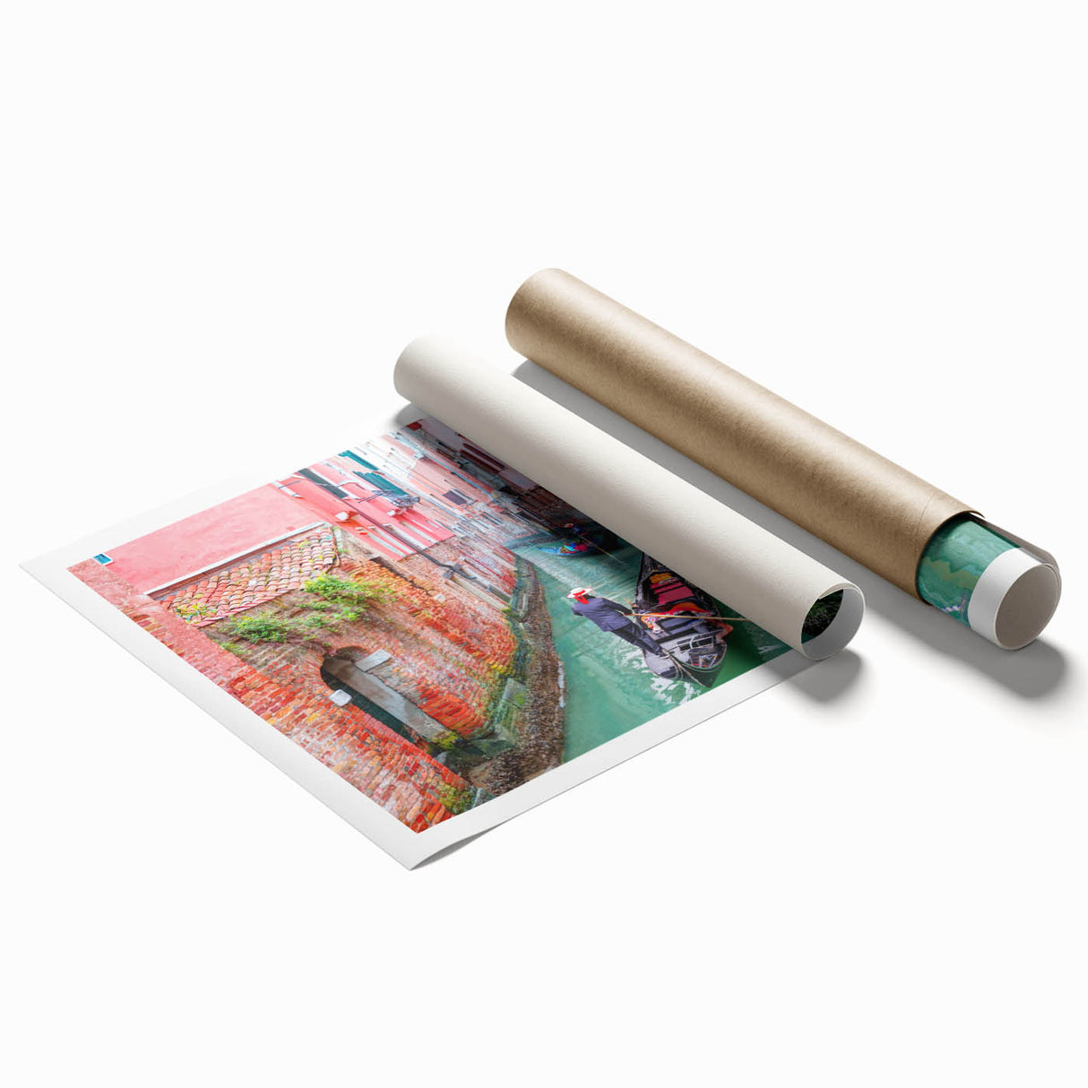 Extra large wall art featuring a gondola on a calm canal, rendered in soft pastel shades on rolled canvas.