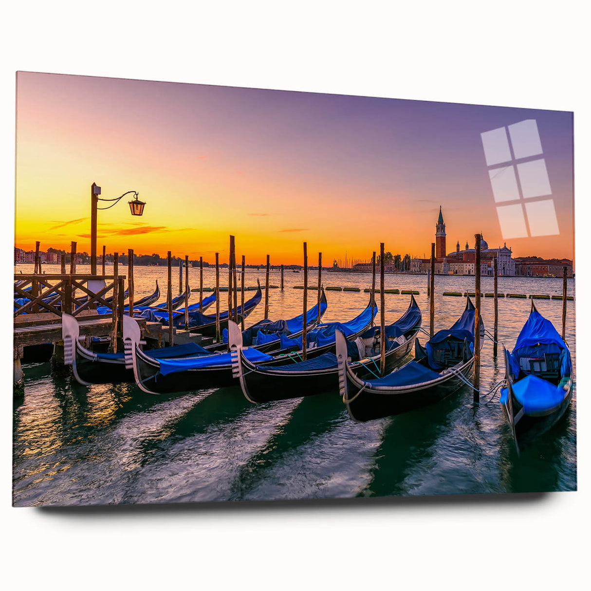 Acrylic print of a gondola on water in muted blue and gray, ideal for bedroom or dining room art.