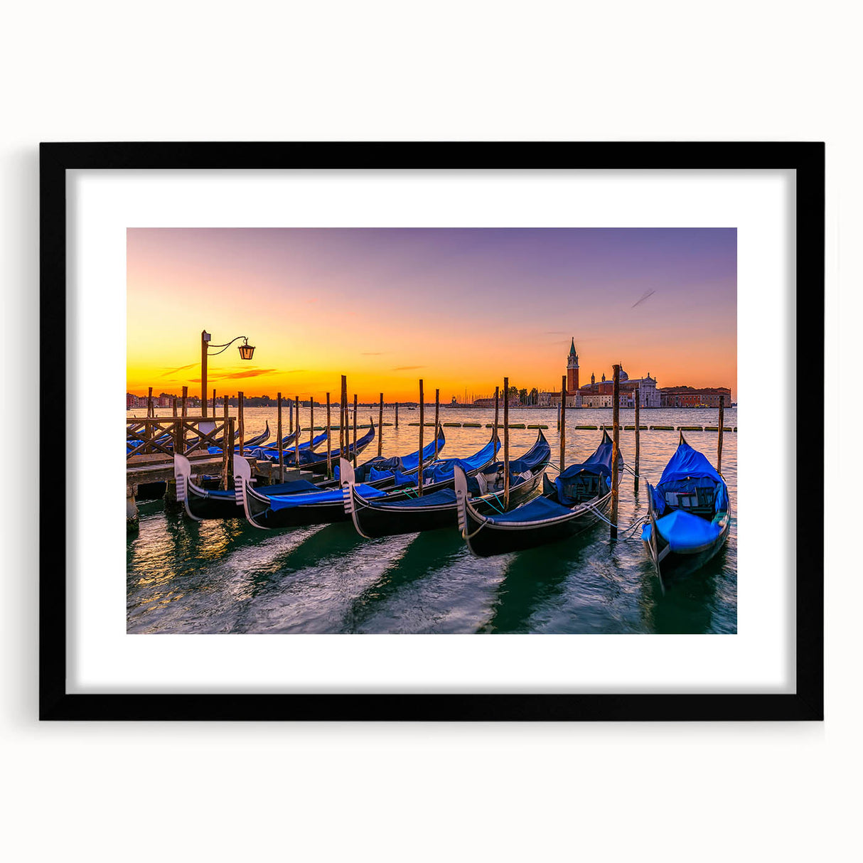 Abstract art print of a colorful gondola on textured canvas, framed in black, ideal for living room decor.