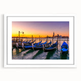 Extra large abstract art print of a gondola on water, in muted blue and gray, framed with a white mat.