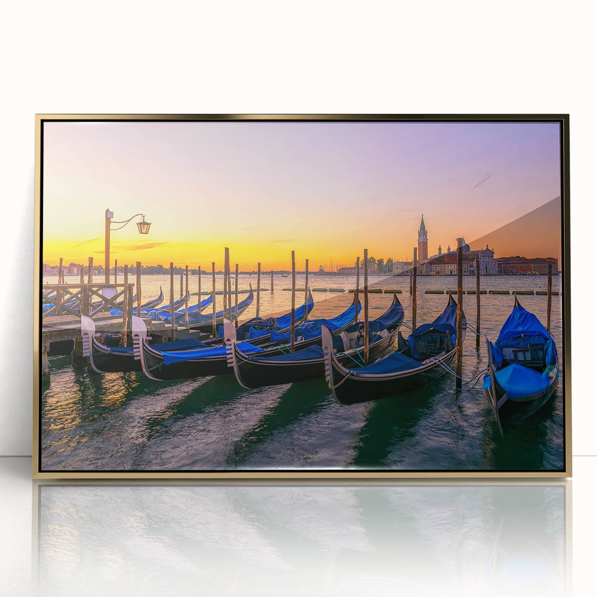 Mid-century modernist art depicting a gondola in muted gold and black tones on a framed acrylic, ideal for nursery wall art.