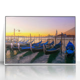 Acrylic print of a mid-century modernist gondola on a canal, with muted blues and grays, ideal for modern art wall decor.