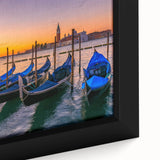 Close-up of a black framed canvas depicting a colorful, textured gondola, ideal for extra large living room wall art.