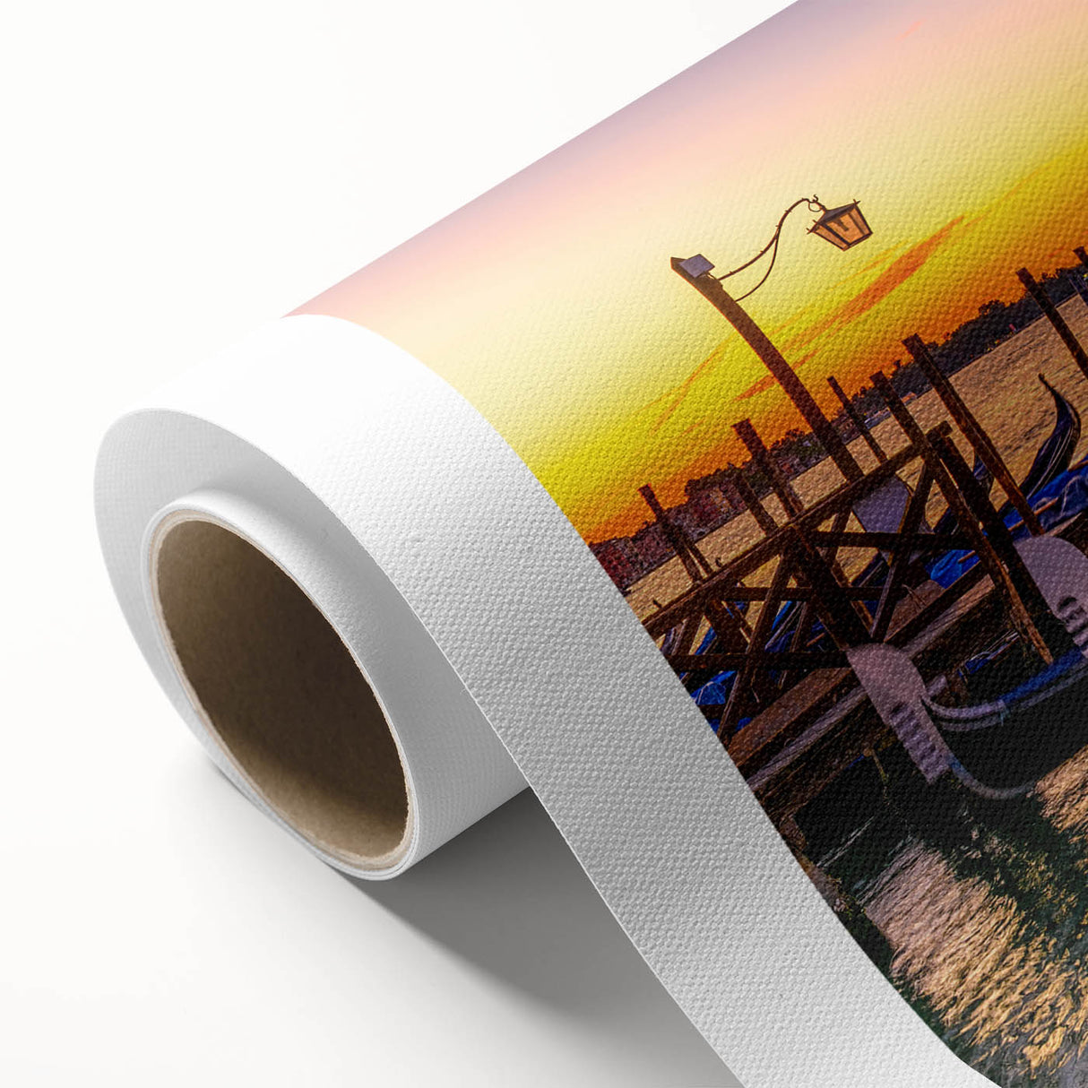 Art Deco style poster of a gondola on water, in muted blues and grays, printed on rolled canvas, ideal for nursery wall art.