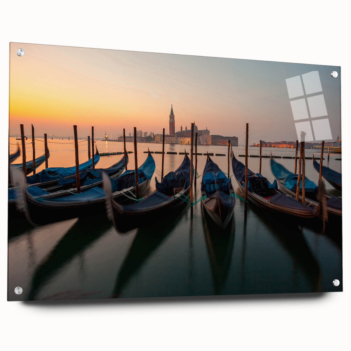 Acrylic print of a gondola on calm waters in muted blue and gray tones, ideal for dining room decor.
