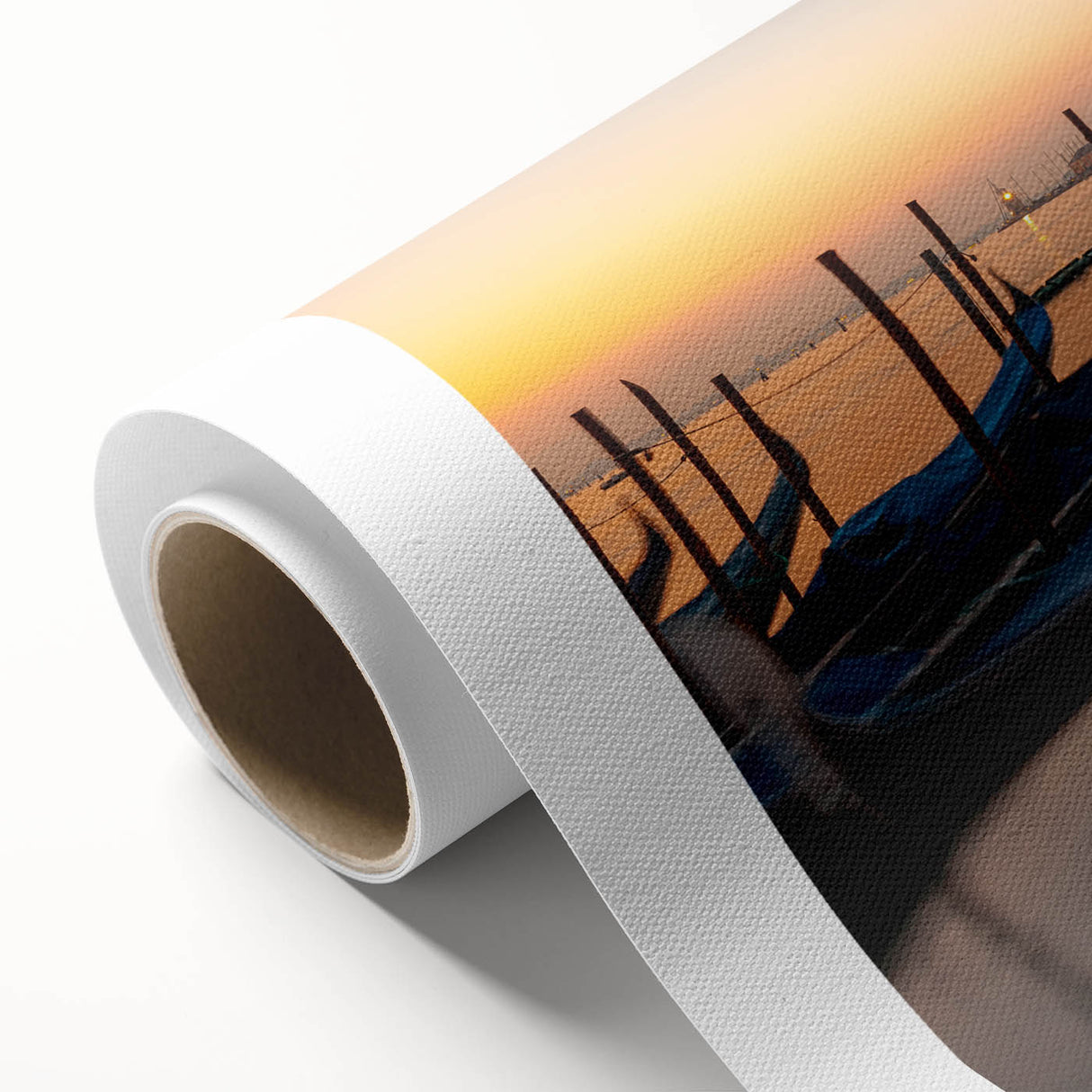 Art deco style gondola on calm waters in muted blue and gray tones, rolled canvas, ideal for nursery wall art.