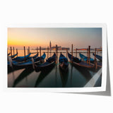 Venetian gondola on calm water, muted earth tones on a rolled print, suitable as art wall dining room decor.