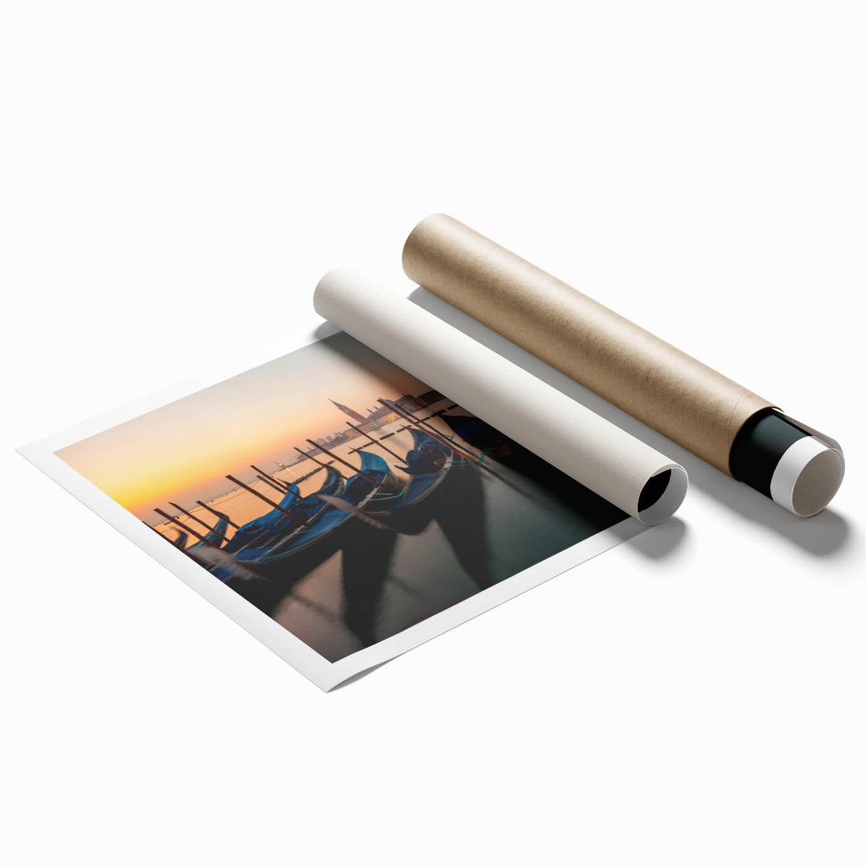 Extra large wall art featuring a gondola on water, executed in muted earth tones on rolled canvas.