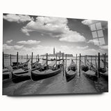 Acrylic print of a gondola on a muted blue and gray canal, suitable for bedroom or dining room art.