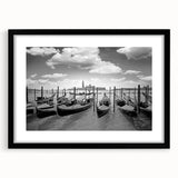 Colorful abstract art print of a gondola on textured canvas, framed in black, suitable for large living room walls.