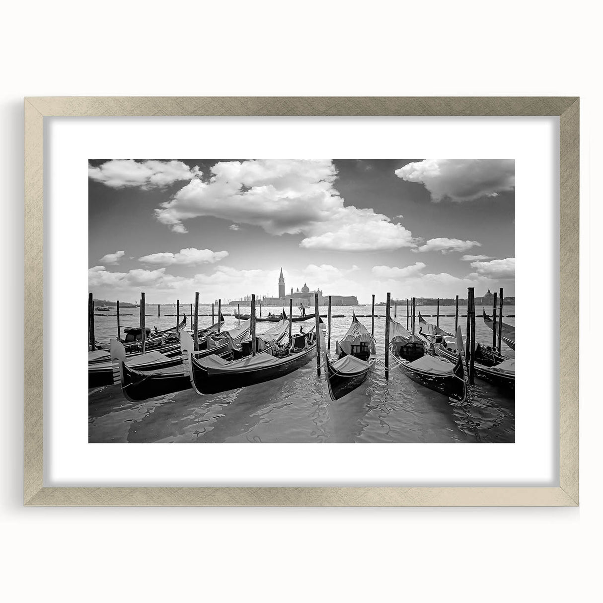 Abstract art print of a stylized gondola in muted blue and gray tones on a framed silver mat, suitable for dining room decor.