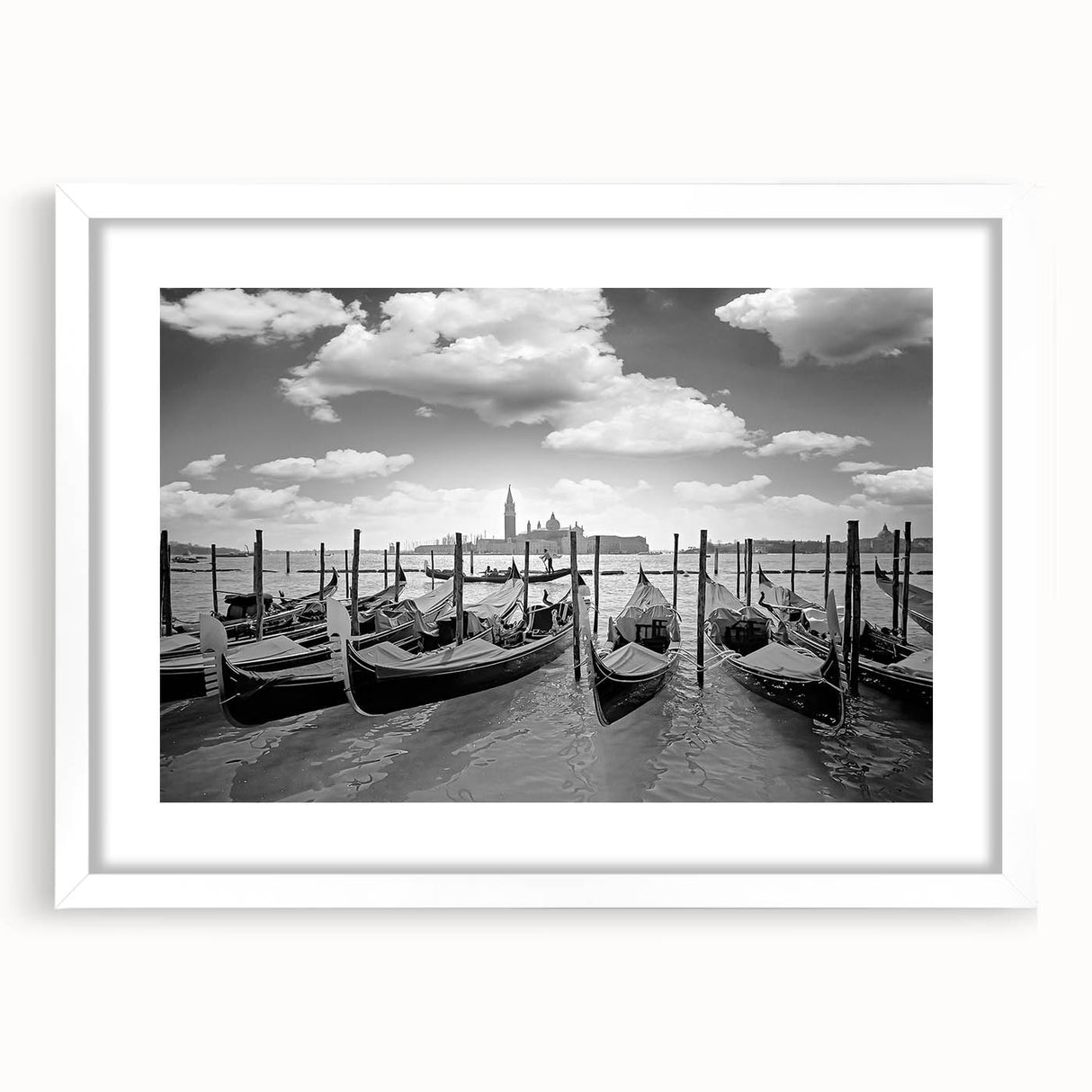 Extra large abstract art print of a gondola on textured canvas, in muted earth tones, framed with a white mat.