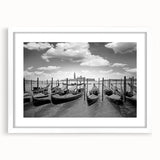 Extra large abstract art print of a gondola on textured canvas, in muted earth tones, framed with a white mat.