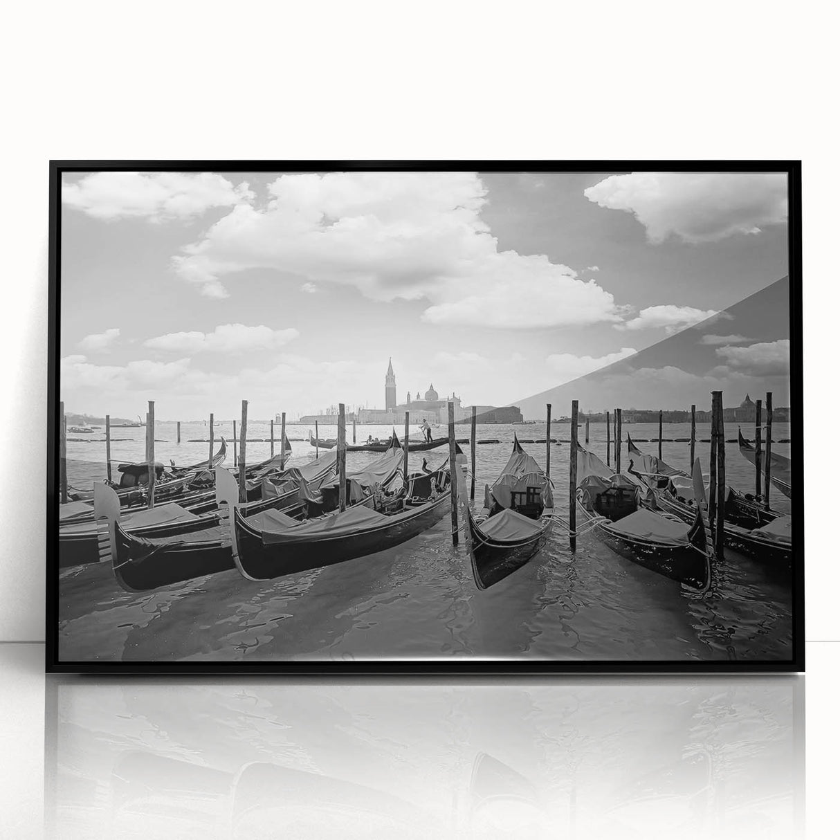 Large abstract wall art featuring a gondola in muted blue and gray tones on framed acrylic.