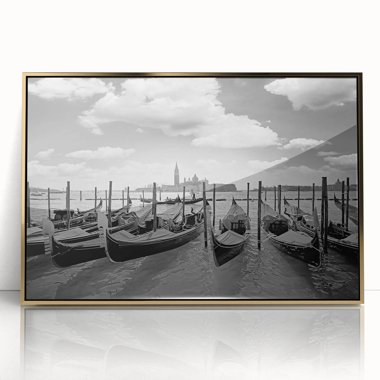 Mid-century modernist art depicting a gondola on water, in muted gold and blue tones, framed acrylic.