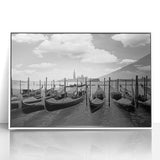 Acrylic print of a mid-century modernist gondola on a canal, in muted blue and gray tones, ideal for modern art wall decor.