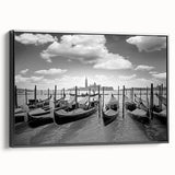 Black and white framed canvas of a vintage gondola landscape, ideal for bedroom wall art.