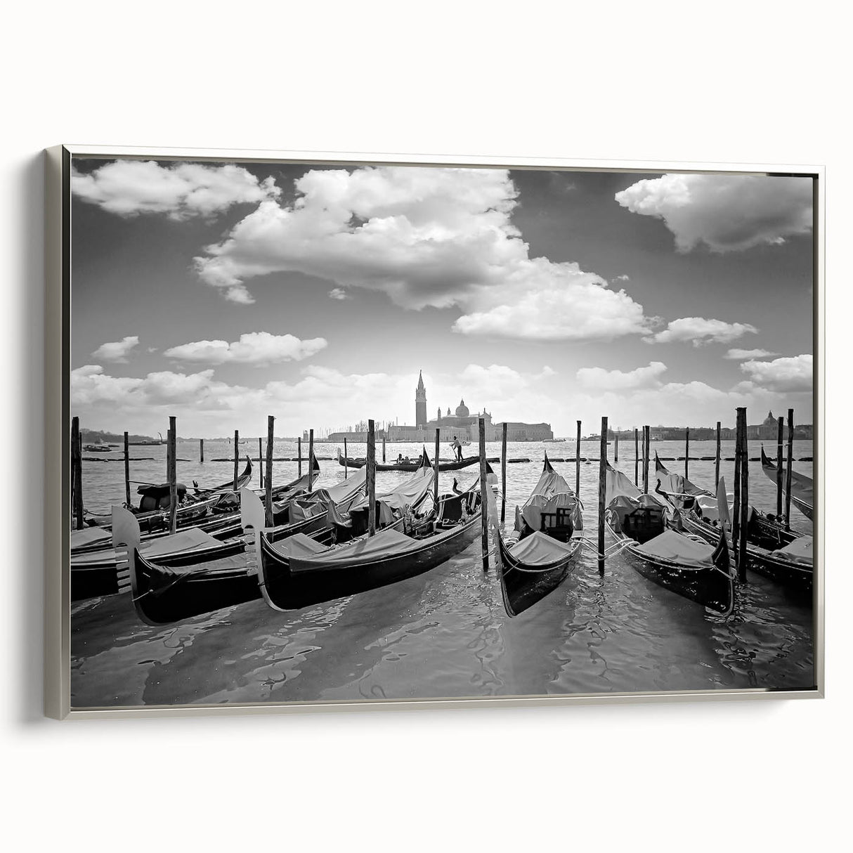 Vintage poster art of a gondola on water, rendered in black with colorful accents, framed canvas.