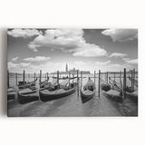 Black and white photo of a gondola on water, printed on large stretched canvas, suitable for kitchen wall art.