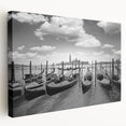 Venetian gondola on calm water, rendered in muted blues and grays on stretched canvas, suitable for kitchen wall art.