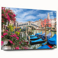 Acrylic print of a gondola on a serene canal, featuring soft blue and gray hues, ideal for bedroom or dining room decor.