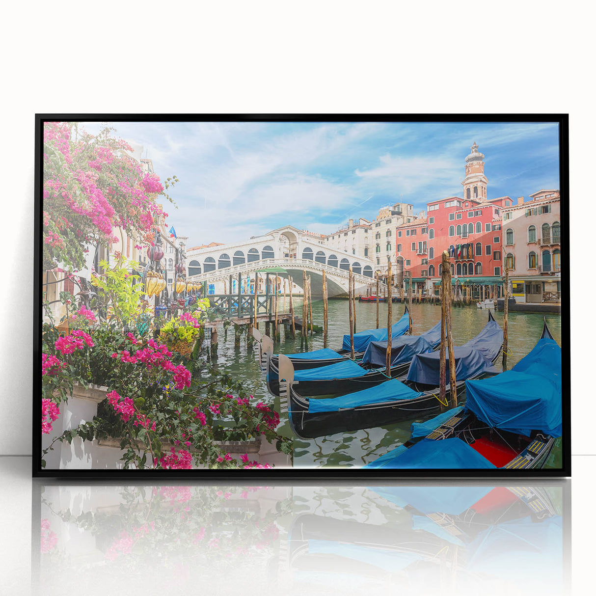Large abstract wall art featuring a black and white gondola design on acrylic, framed in black.