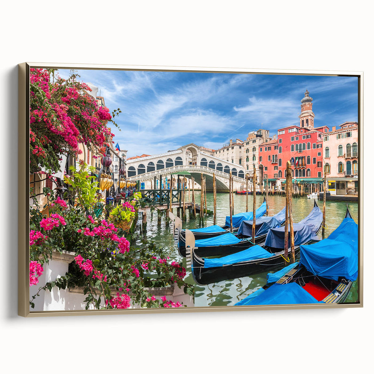 Framed canvas featuring a vintage poster art of a colorful gondola on black background.