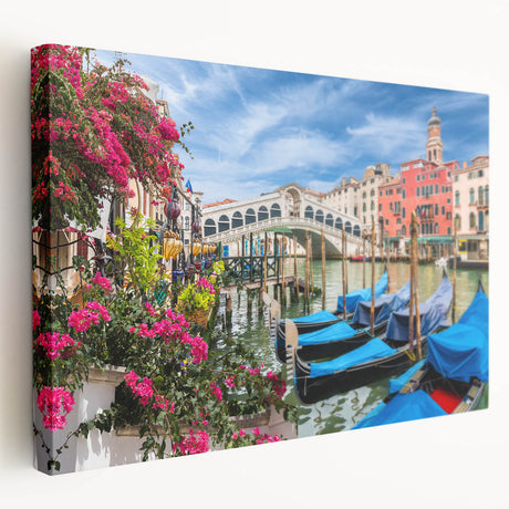 Venetian gondola on calm water, rendered in muted blues and grays on stretched canvas, suitable for kitchen wall art.