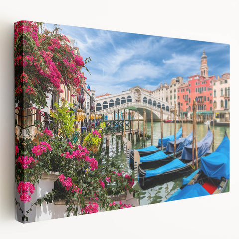 Venetian gondola on calm water, rendered in muted blues and grays on stretched canvas, suitable for kitchen wall art.