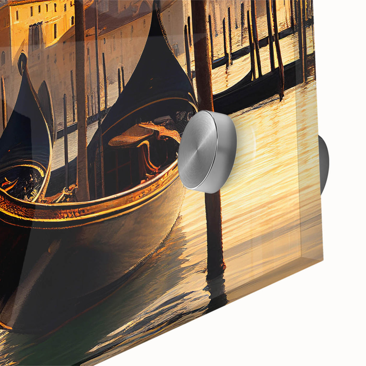 Acrylic print of a gondola on a canal, utilizing large abstract forms and mid-century modernist style.