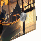 Acrylic print of a gondola on a canal, utilizing large abstract forms and mid-century modernist style.