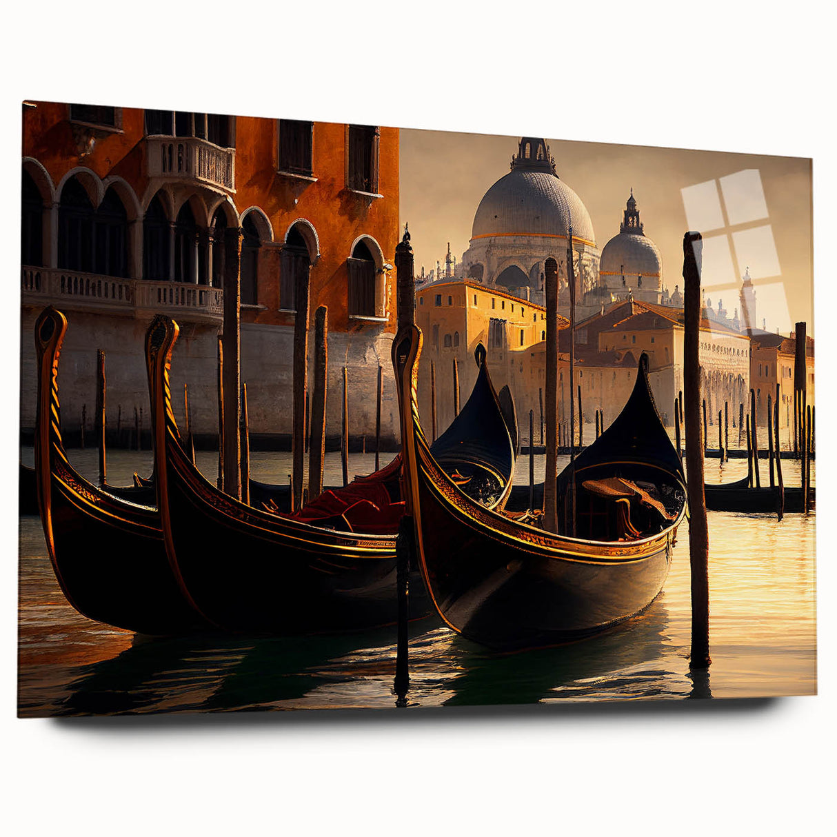 Acrylic print of a side-view gondola on water in muted blue and gray tones, ideal for bedroom or dining room art.