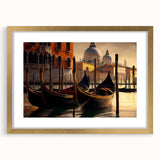 Textured art print of a gondola on calm waters in muted blue and gray tones, framed in gold, ideal for bedroom wall decor.