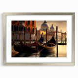 Abstract art print of a gondola on water in muted blue and gray tones, framed in silver, suitable for dining room decor.
