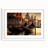 Extra large abstract art print of a textured gondola on water, in muted blues and grays, framed in white.