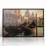 Large abstract wall art of a gondola on water, in muted black and white tones, framed acrylic.