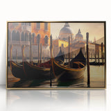 Mid-century modernist art deco poster featuring a gondola on water, in muted gold and blue tones, framed acrylic.