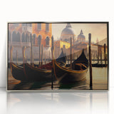 Art deco poster of a silver-framed acrylic print depicting a gondola on calm waters, in muted blue and gray tones.