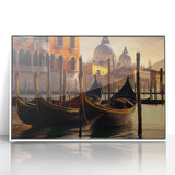 Mid-century modernist framed acrylic print of a gondola on a calm river, using muted earth tones, ideal for nursery wall art.