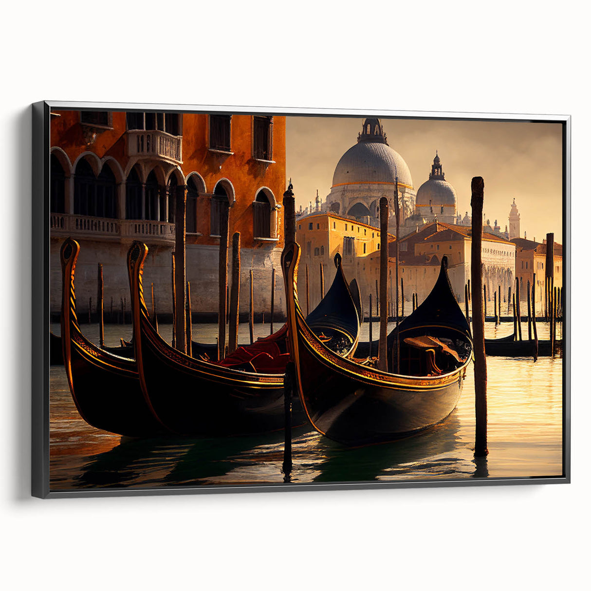 Black and white framed canvas of a vintage gondola on a serene waterway, ideal for bedroom wall decor.